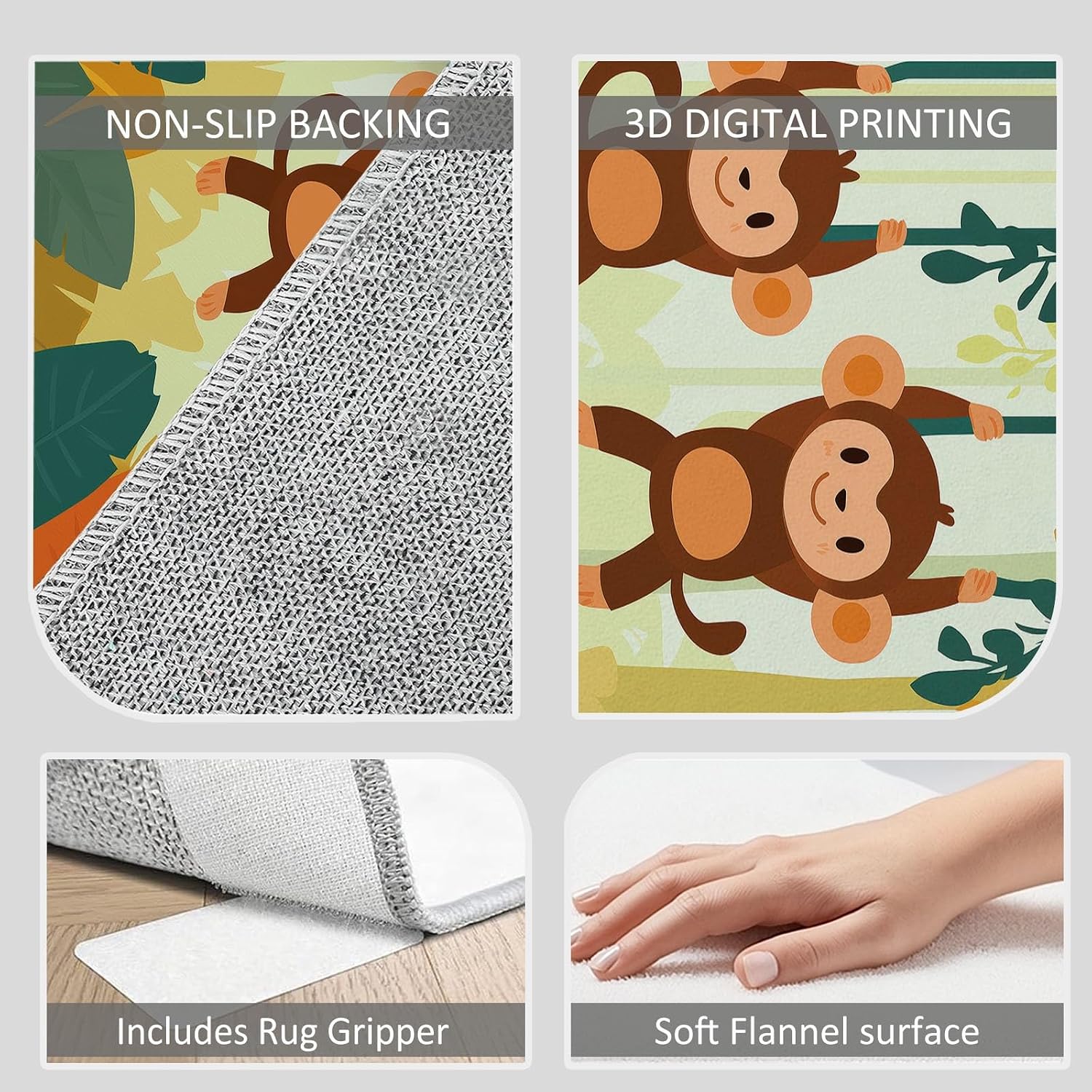 Cartoon Plants Leaves Monkey Print Area Rug 5 x 7 ft Washable, Orange Non-Slip Floor Mat - Soft Low-Plie Faux Wool Carpet for Bedroom Living Room Kitchen Entryway Pet Friendly Rug