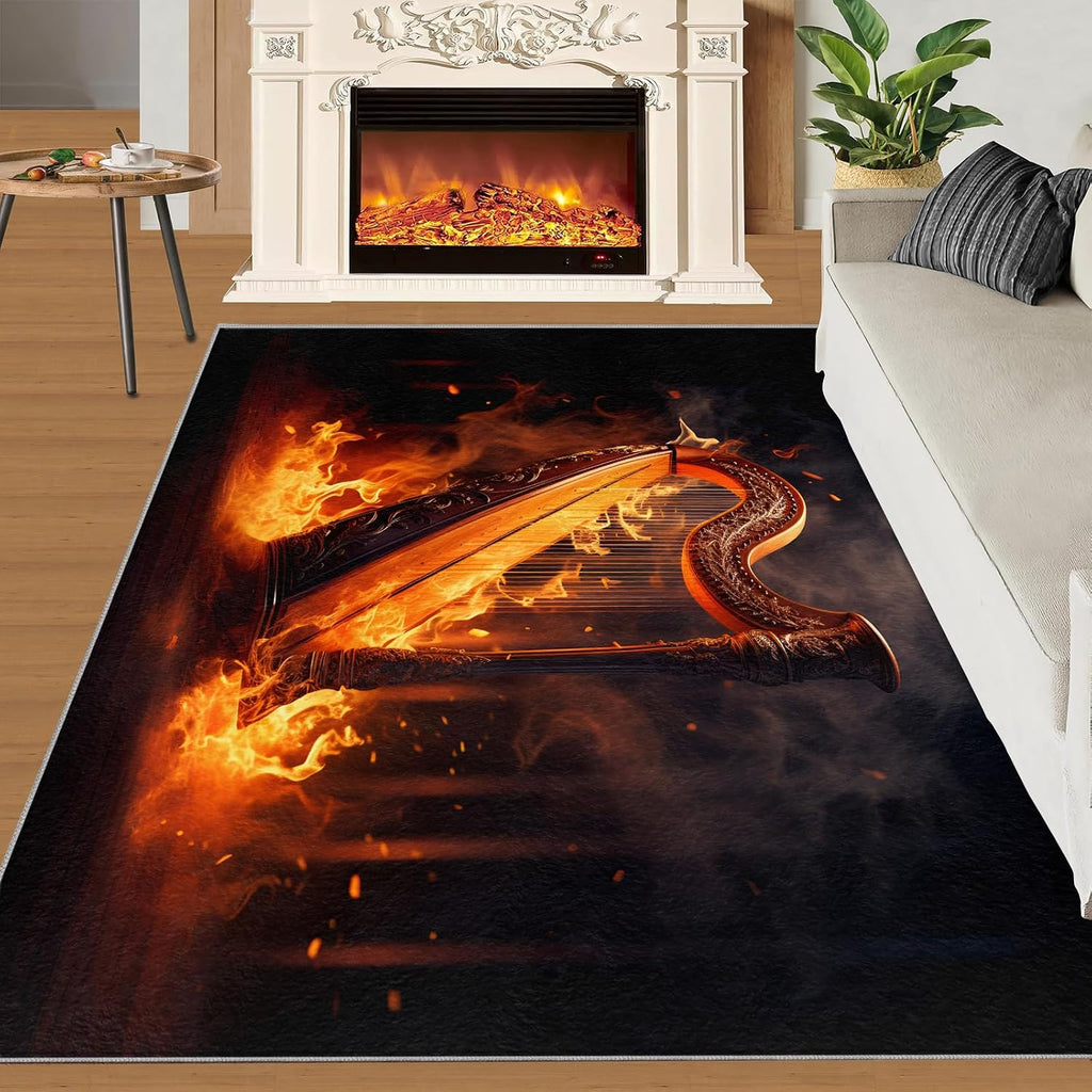 Harp Rug, 5x6 Area Rug, Flame Harp Rugs for Indoor, Golden Burning Instrument Rugs for Kids Bedroom, Notes Guitar Carpet, Crazy Music Washable Rugs for Living Dining Room