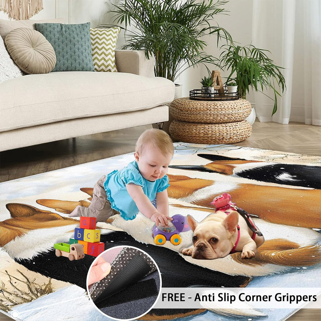 Dog Print Rugs for Living Room, Corgi Puppy Rug, Animal Prints Washable Rugs for Bedroom, Low Pile & Non Slip, Indoor Carpet, 6x8 Area Rug & Home Decor