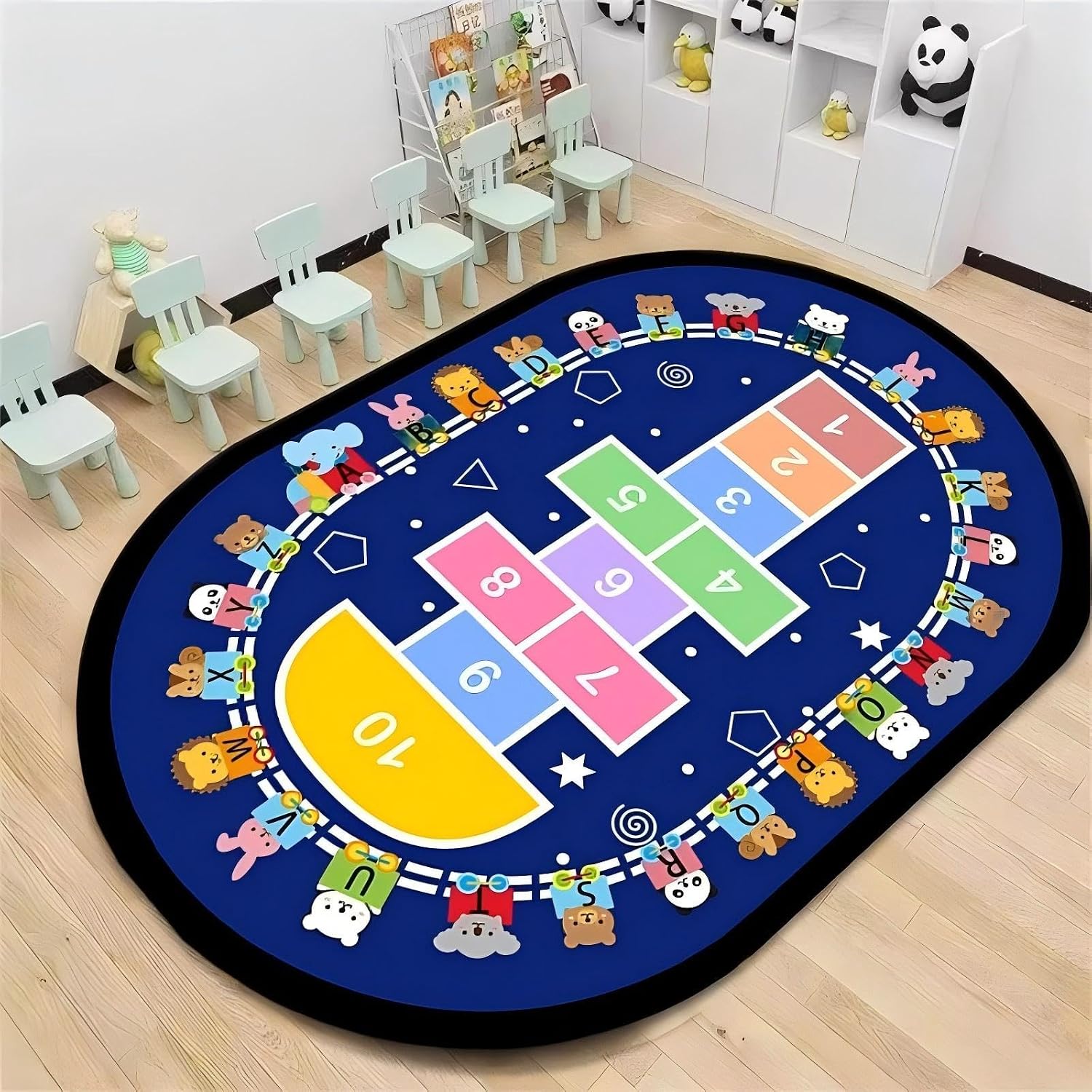 Cartoon Hopscotch Children's Educational Rugs, 6x8ft, Cartoon Animal Train Track Play Mats, Multi-Color ABC Letter Oval Washable Carpets, Soft Reduce Noise Printed Rugs for Nursery