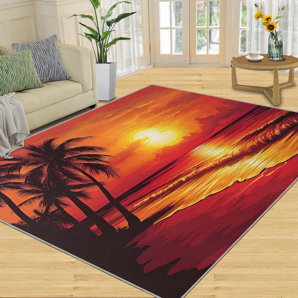 Beach Area Rug 5x7, Ocean Theme Rugs for Bedroom, Sunset Scenery Rugs for Boys Room, Low Pile Non Slip Carpet for Computer Game Room Dormitory