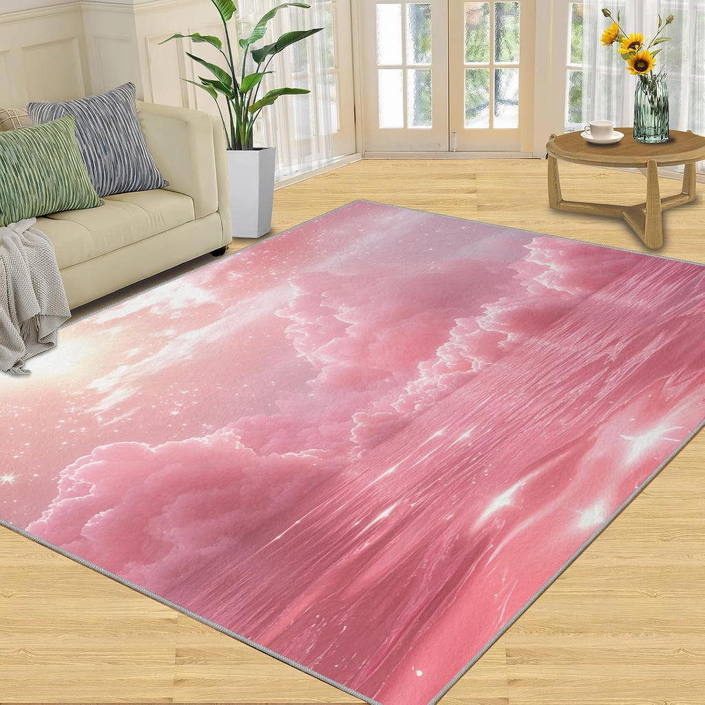 Clouds Rugs for Living Room 6x8 Rug, Pink Clouds Area Rug, Dreamlike Sky Rugs, Large Machine Washable Rug, Non-Slip Floor Carpet for Bedroom Kids Room Home Decor