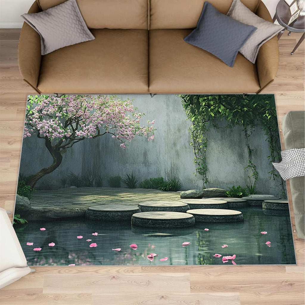 Courtyard Rug 6x8, Chinese Style Rugs for Living Room, Landscape Area Rug, Washable Rugs for Bedroom, Kitchen Dining Room Decor Carpet