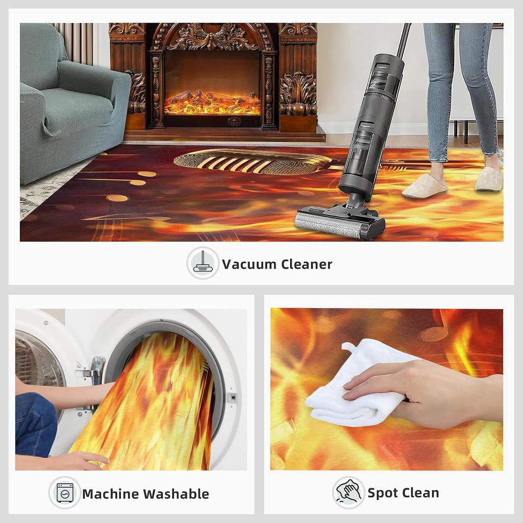 Microphone Rug for Bedroom 6x8 Rug Flame Microphone Rugs, Rock Guitar Home Decor, Non Slip Washable Large Rugs, Music Lover Carpet for Boys and Girls Teen Playroom