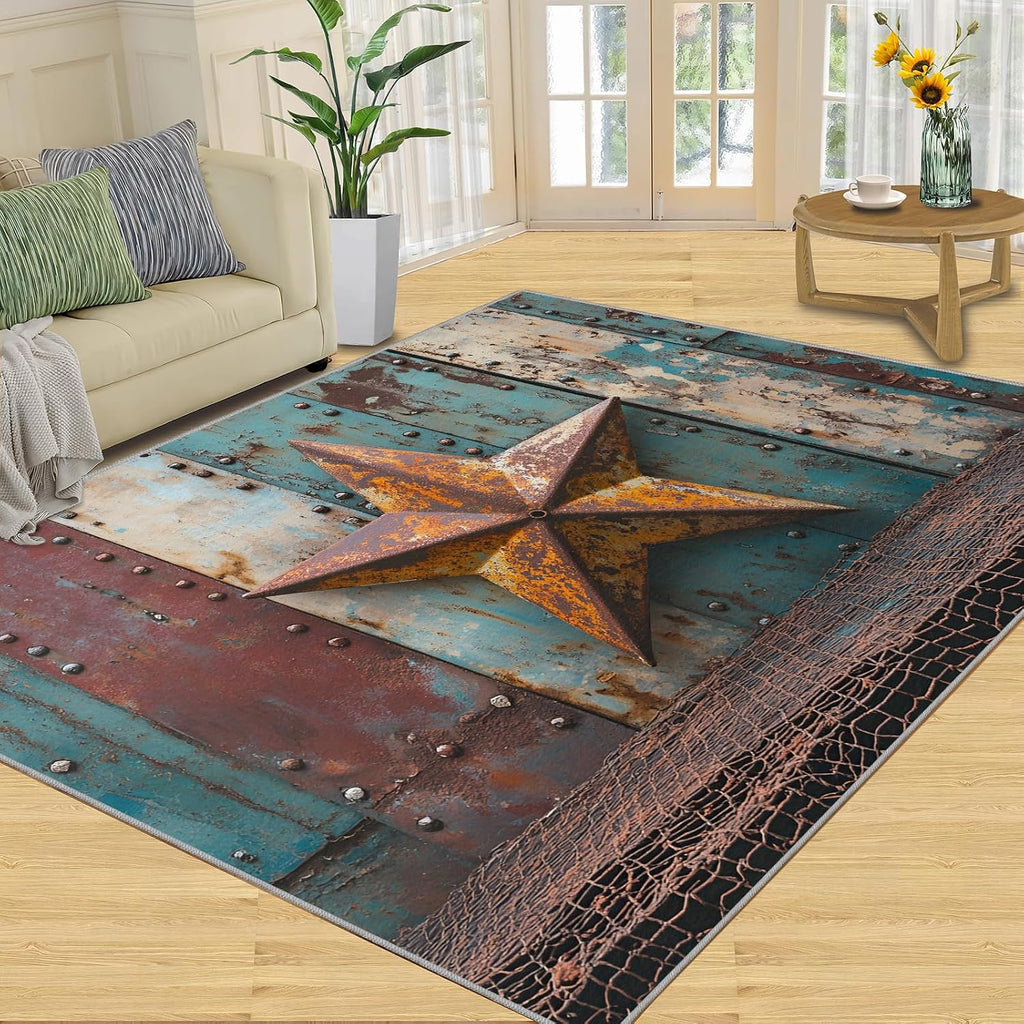 Western Texas Star Rug 6x8-6x8 Rug, Vintage Area Rugs for Living Room, Farmhouse Rugs for Bedroom, Rustic Non-Slip Mat, Texas Star Home Decor & Gifts