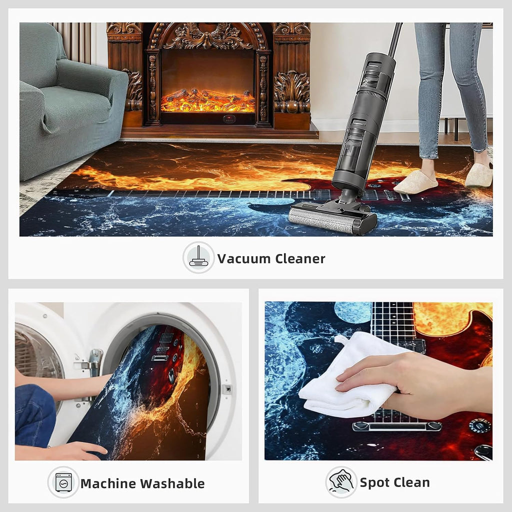 Music Rug, Electric Guitar Washable Rug, Boys Rugs for Living Room, Low Pile & Non Slip, Indoor Carpet, 7x10 Area Rugs & Bedroom Decor