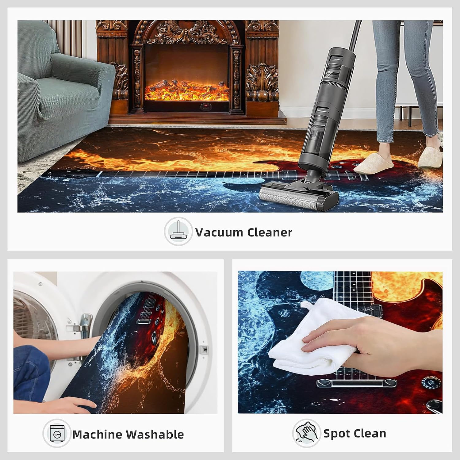 Music Rugs for Living Room, Electric Guitar Washable Rug， Boys Rugs for Bedroom, Low Pile & Non Slip, Indoor Carpet, 5x8 Area Rug & Entryway Decor