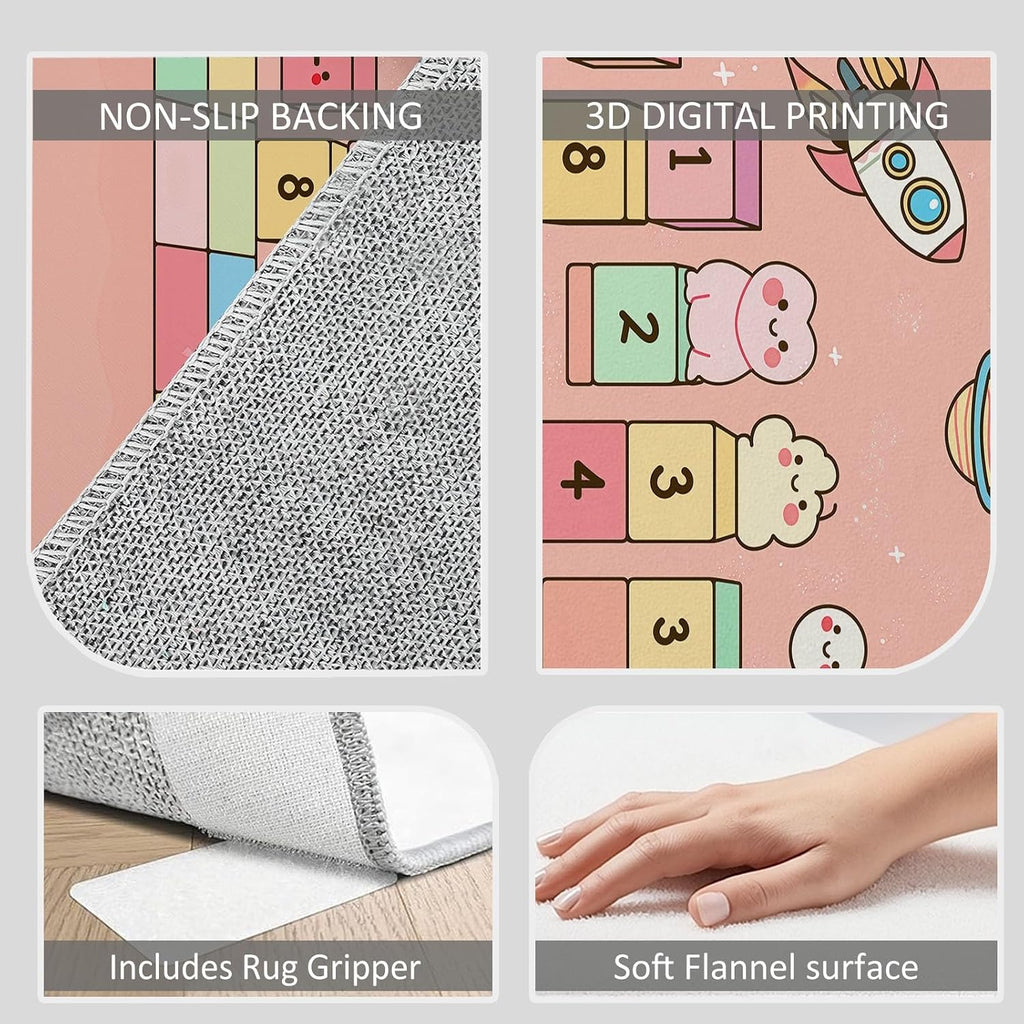 Cartoon Space Geometric Squares Print Area Rug 5 x 7 ft Washable, Pink Non-Slip Floor Mat - Soft Low-Plie Faux Wool Carpet for Bedroom Living Room Kitchen Entryway Pet Friendly Rug