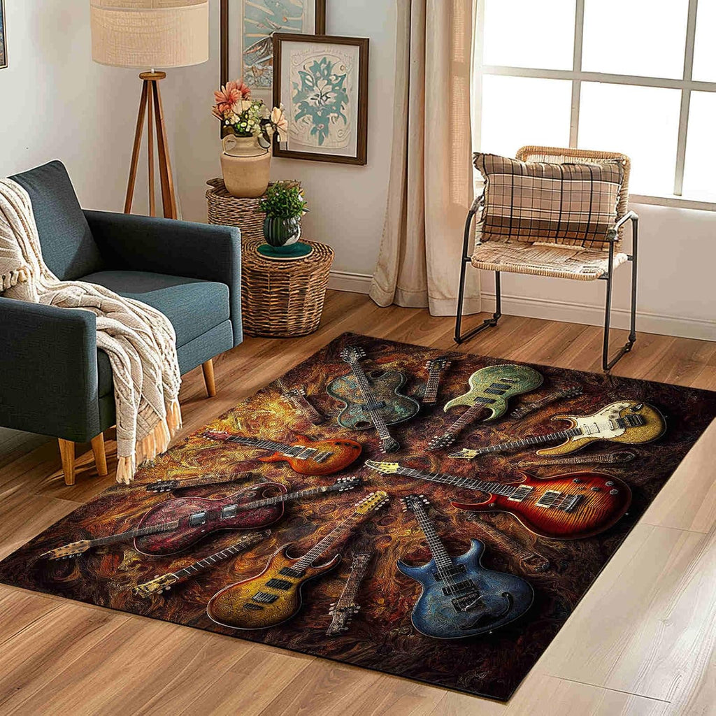 Rock Guitar Silhouette 8x10 Washable Large Area Rug Flame Wave Texture Carpet for Study Bedroom Nursery, Washable Rugs Non Slip Soft CarpetCrimson Living Room Rugs Non-Slip