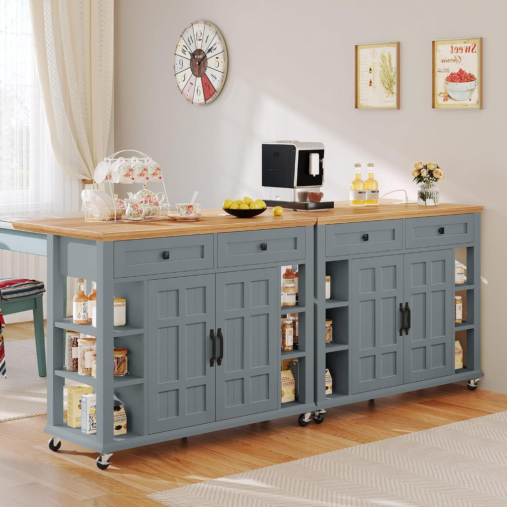 YITAHOME Kitchen Island with Drop Leaf & Power Outlet, Rolling Kitchen Cart on Wheels, Americana Kitchen Island Cabinet with Open Shelves for Kitchen Dining Room, Thicker Rubberwood Top, Grey Blue