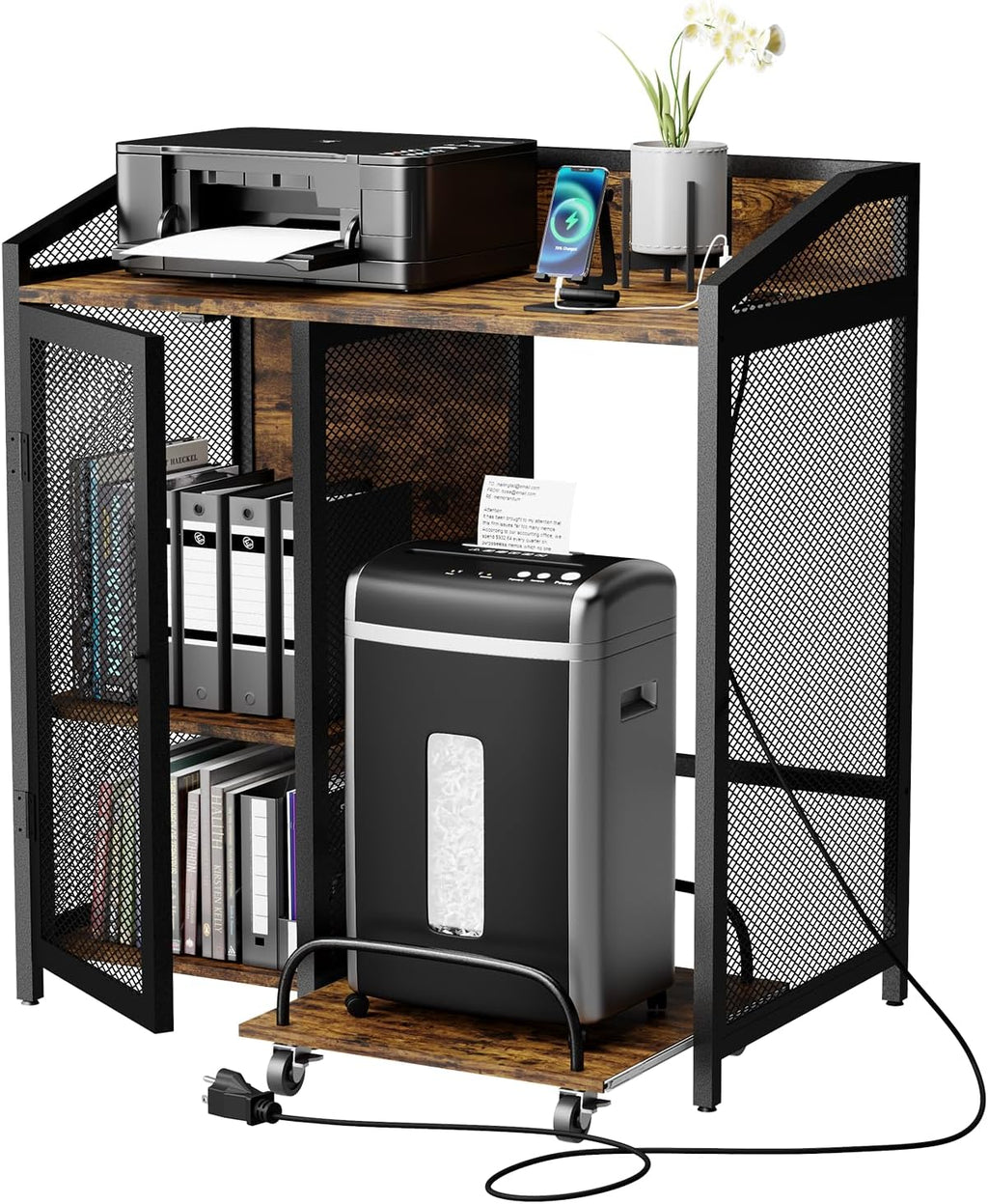 EasyCom Printer Stand with Charging Station and Paper Shredder Stand – 3 Tier Lateral Printer Table with Open Storage Shelves- Printer Shelf for Office Home Use with Adjustable Shelves and Mesh Door