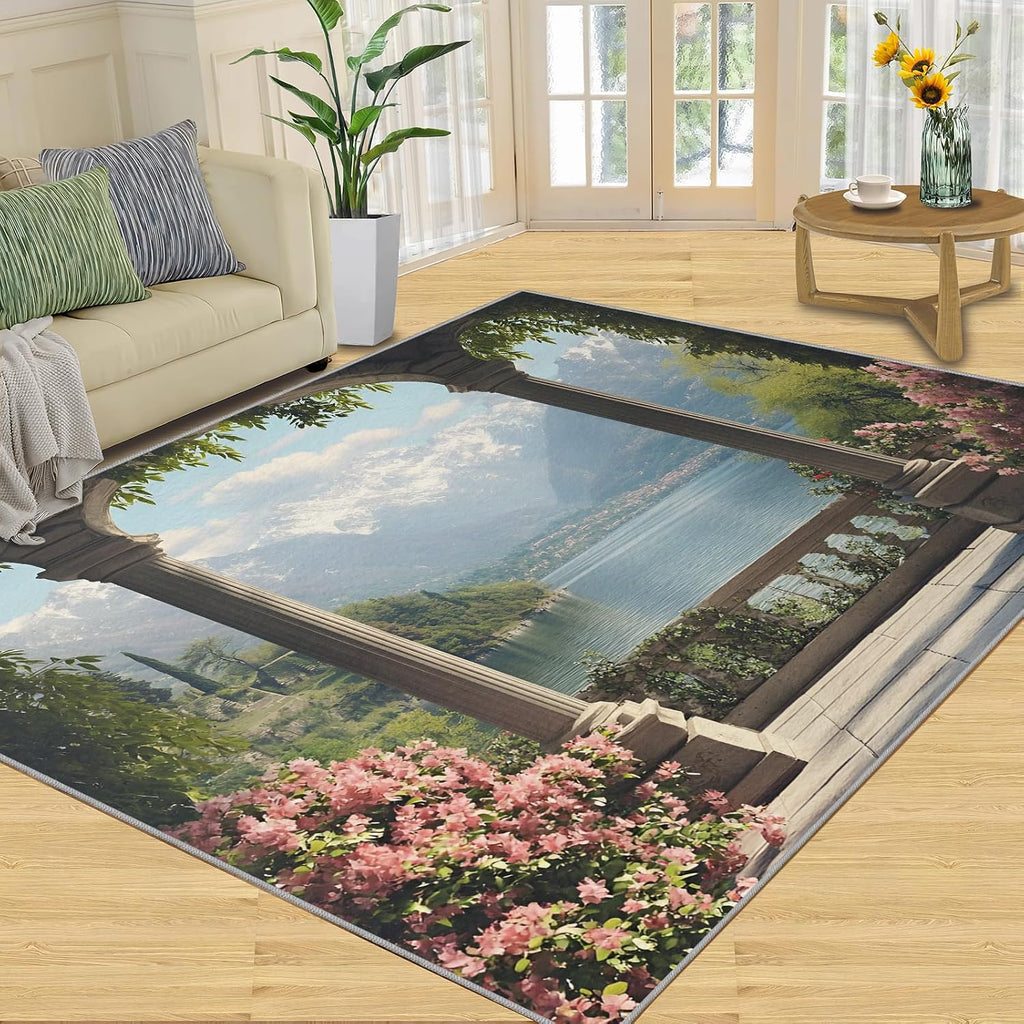 Classical Pavilion Area Rug 6x8 - Stone Columns and Arches Large Rugs for Living Room, Natural Landscape Carpet Area Rug for Girls Bedroom Kids Room Basement Office Classroom