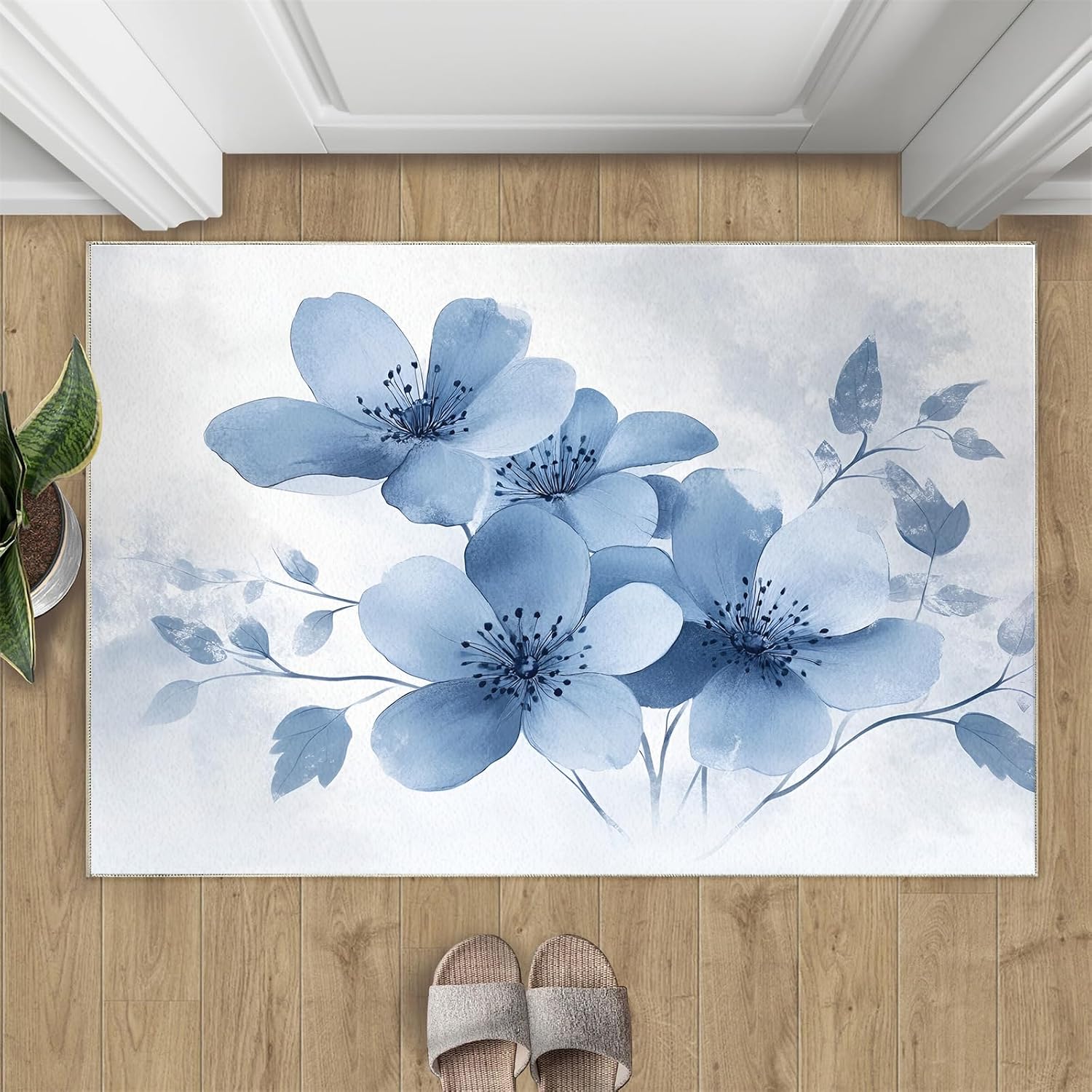 Floral Rugs for Bedroom - 6x8 Area Rug - Boho Floral Rugs for Living Room, Blue Flowers Rug, Non-Slip Washable Home Decor Carpet
