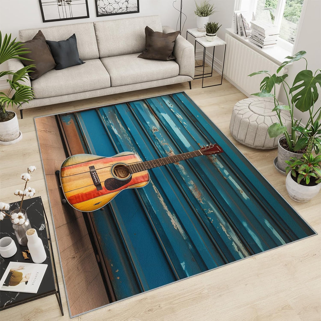Area Rug 6x8ft, Musical Instruments Guitar Rugs for Living Room, Music Theme Home Bedroom Rug, Machine Washable Breathable Durable Indoor Carpet for Bedside Porch Entryway Office