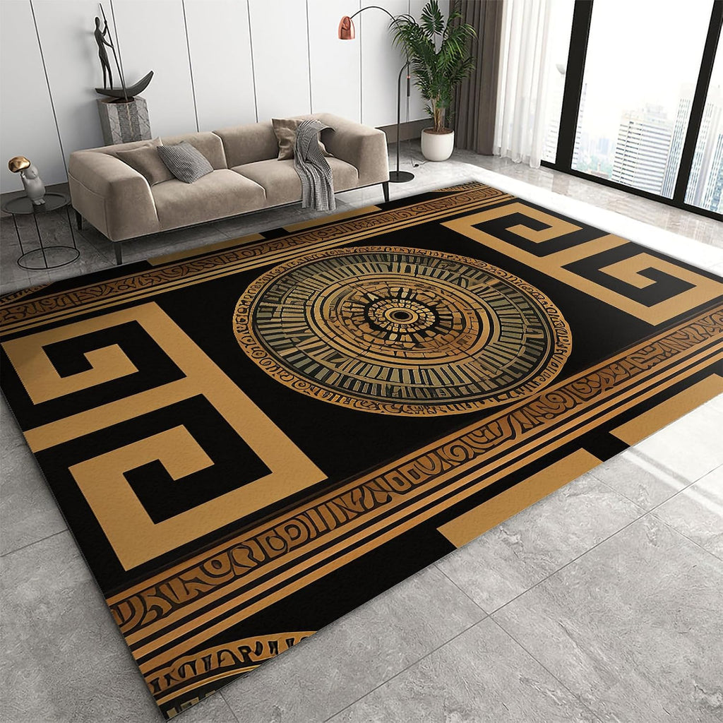 Retro Black Gold Greek Key Area Rugs, 3D Geometric Print Carpet, Indoor Non-Slip Kids Rugs, Machine Washable Breathable Durable Carpet for Front Entrance Floor Decor,6 x 8ft, Style-12