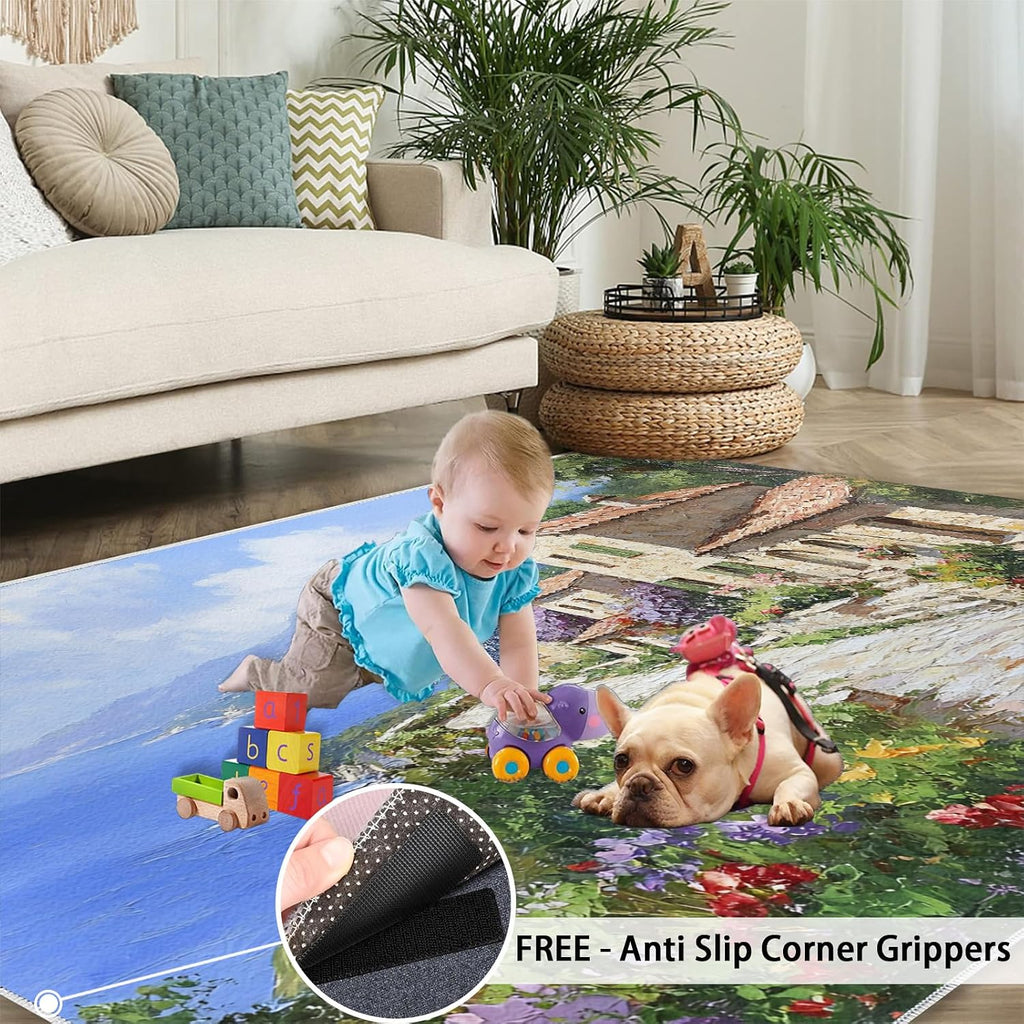 Tuscany Italy Rugs for Bedroom - 6x8 Rug, Italian Flowers Street Area Rugs for Living Room, Old Town Carpet, Seascape Washable Area Mat, Oil Painting Carpet, Italy Home Decor & Gifts