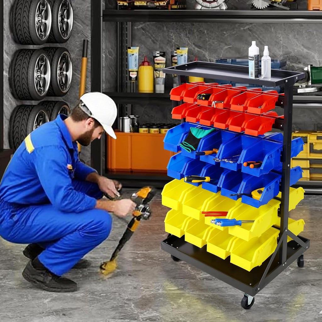 60 Parts Bin Rack Garage Storage Unit 6 Tiers System Steel Shelf with Portable Wheels, Mobile Tool Organizer Plastic Bins, for Men Birthday Gift (6 Tiers)