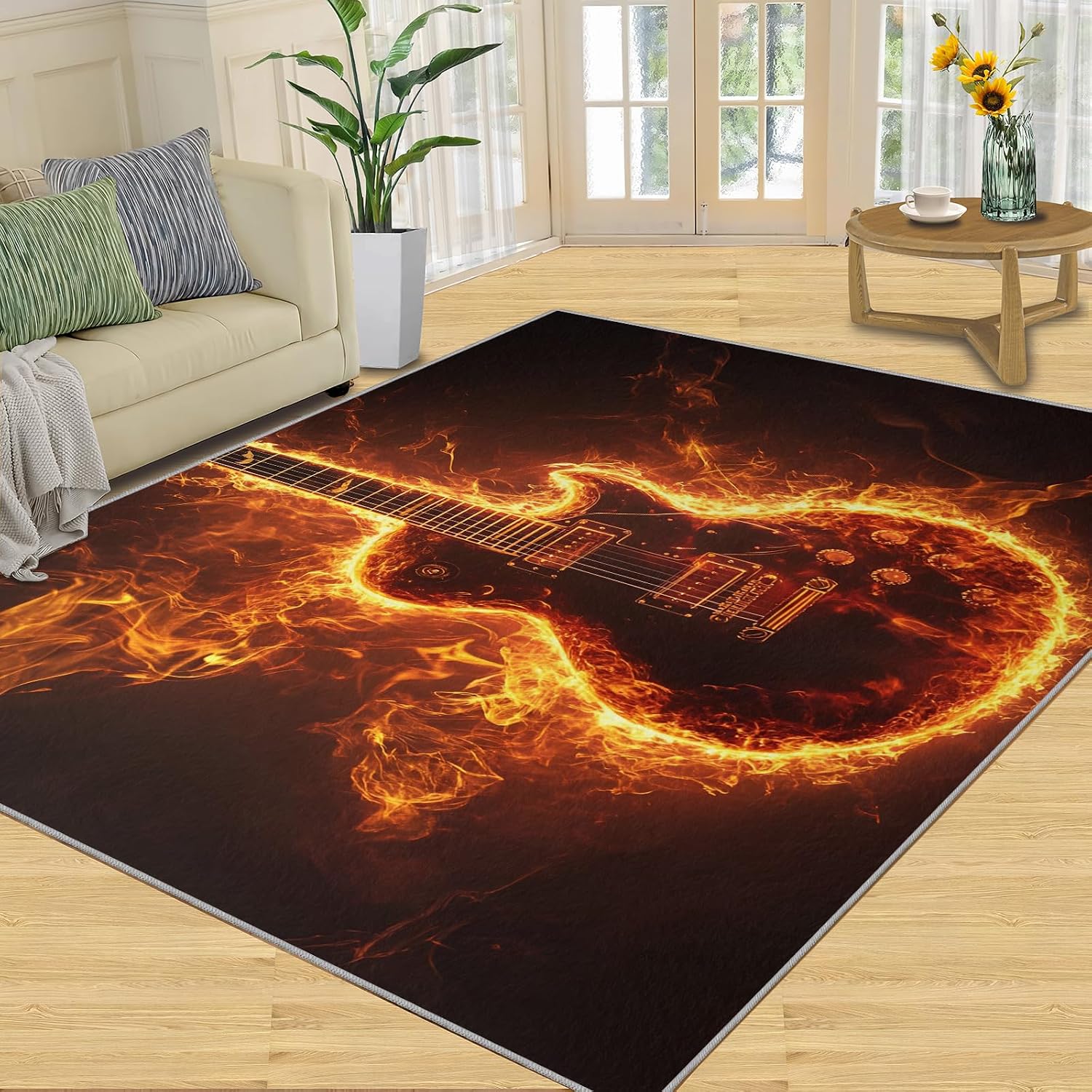 8x10 Flame Guitar Area Rugs - Rock Instrument Rugs for Living Room, Fire Effects Modern Boy Nursery Rug Soft Washable for Classroom Office Bedroom Kids Room