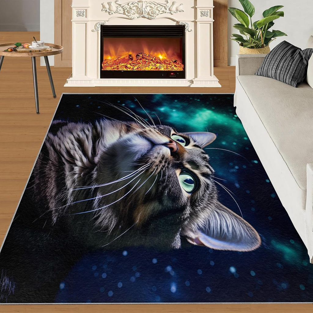 6x8 Rug Starry Sky Cat Area Rugs, Space Cat Soft Washable Carpet, Upholstery Rug with Non-Slip Backing for Kids Boys Girls Bedroom Living Room Dining Room Study