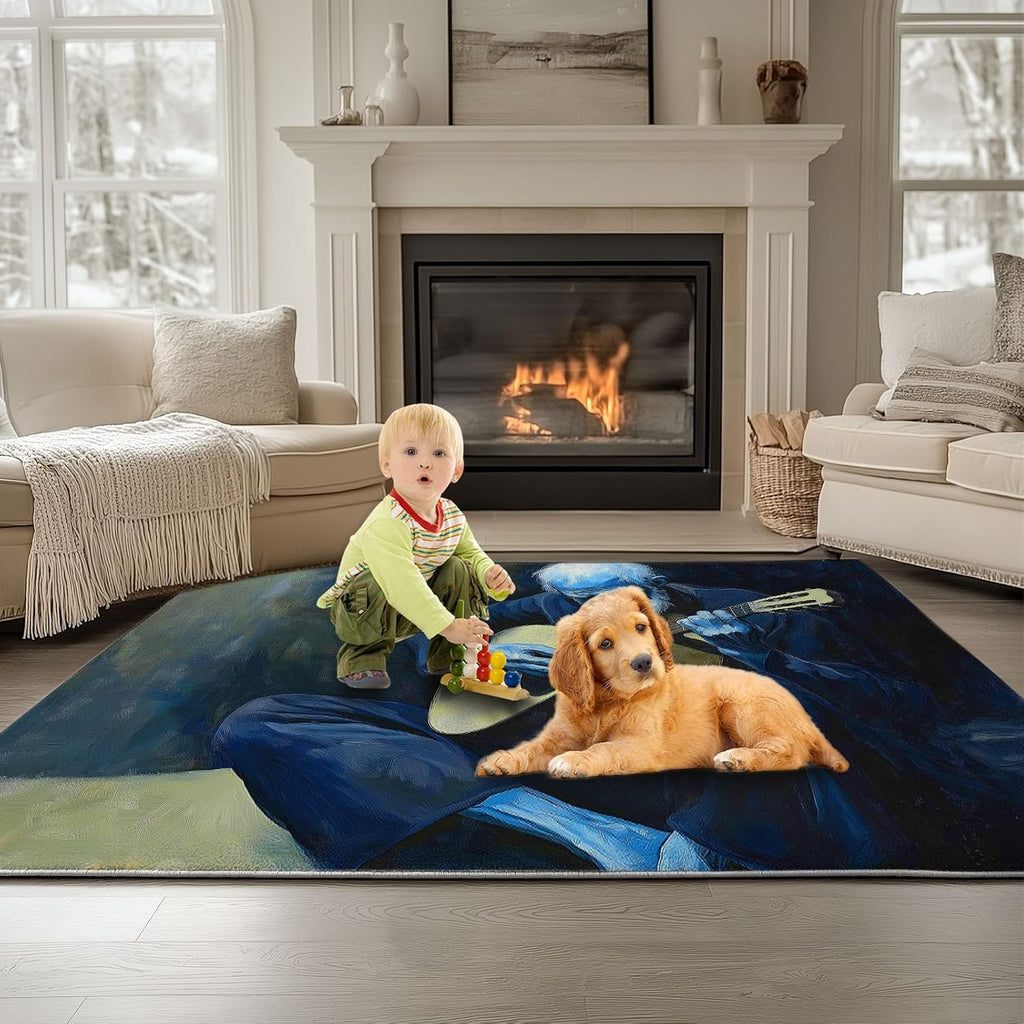 Area Rug for Living Room 6x8 ft Old Man Guitar Washable Soft Area Rugs Non-Slip Stain Resistant Indoor Floor Low Pile Carpet, for Bedroom Dining Room Home Office