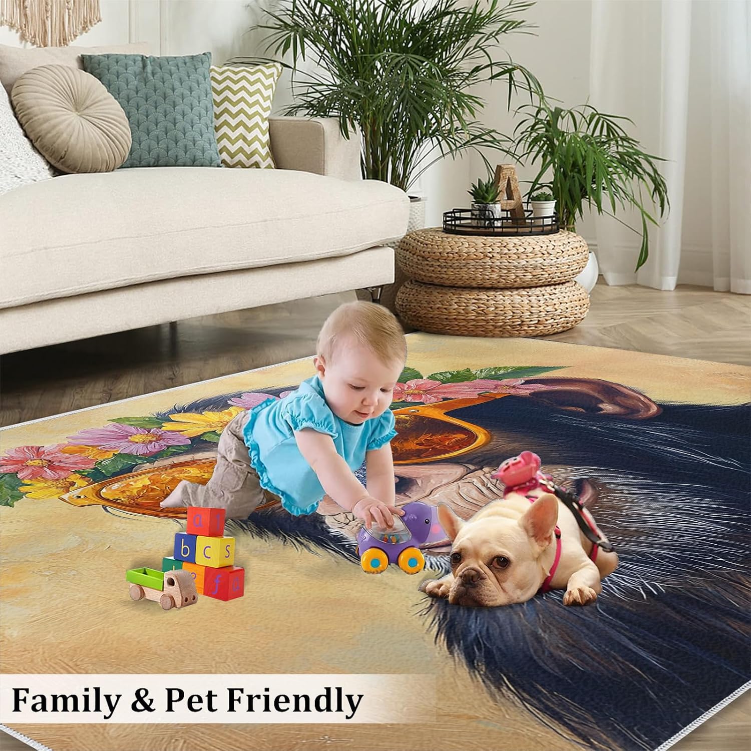 6x8 Chimp Area Rug - Chimpanzee Large Rugs for Living Room, Floral Crown Chimpanzee Carpet Area Rug for Girls Bedroom Kids Room Basement Office Classroom