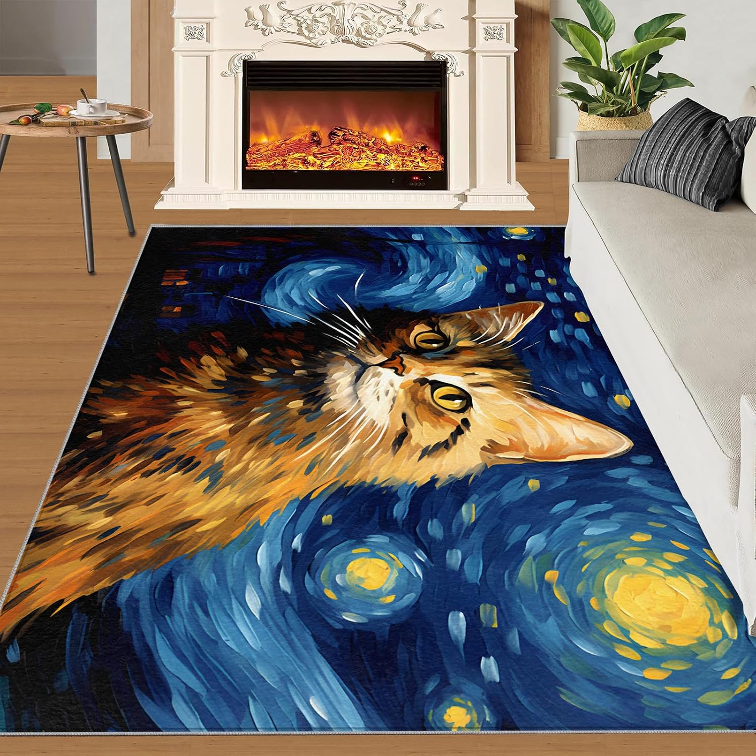 6x8 Area Rug - Starry Sky Norwegian Forest Cat Large Rugs for Living Room, Post-Impressionist Art Painting Carpet Area Rug for Girls Bedroom Kids Room Basement Office Classroom