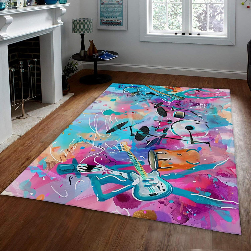 Colorful Graffiti Area Rug 3'3''x5' - Guitar and Drums Cartoon Painting Style Carpet Music Lover Indoor Mat for Bedroom Living Room
