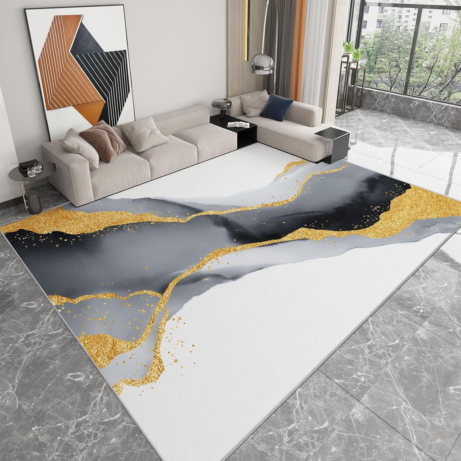 Minimalism Washable Area Rug 5 x 7 ft for Living Room Bedroom, Watercolor Waves Marble Printed Low Pile Rug - Non Slip Carpets for Office Kids Room Stain Resistant Dining Room Carpet