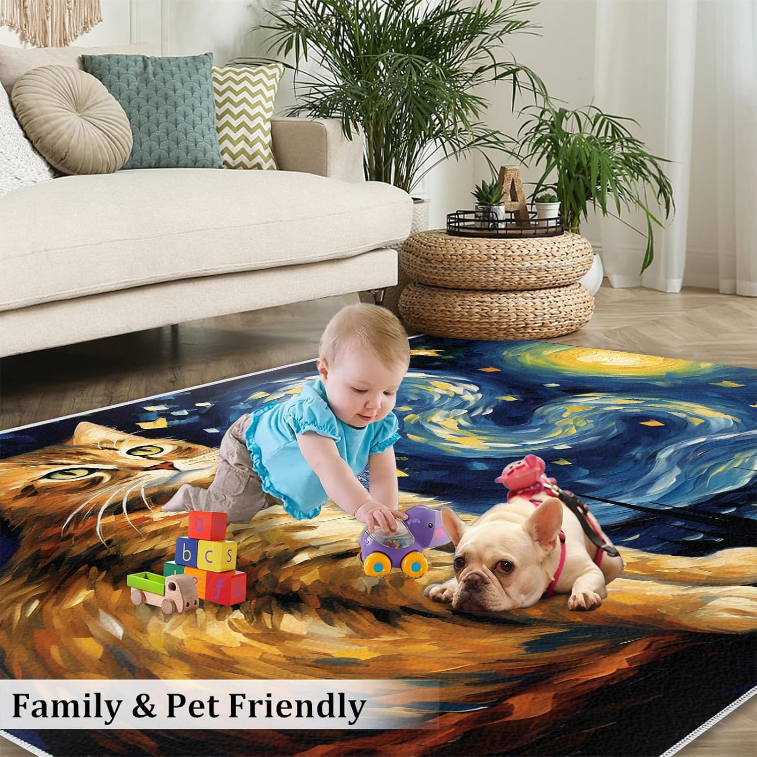 6x8 Area Rug - Starry Sky Orange Cat Large Rugs for Living Room, Post-Impressionist Art Painting Carpet Area Rug for Girls Bedroom Kids Room Basement Office Classroom