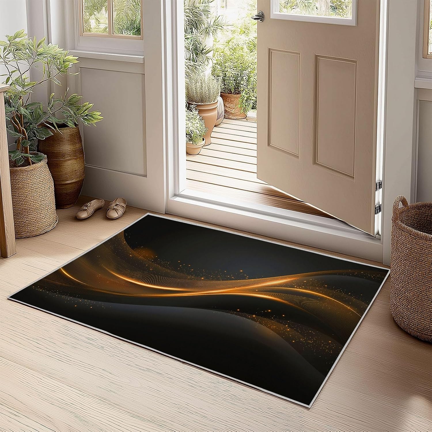 Waves Curves Stripes Area Rug 5 x 7 ft for Living Room, Elegant Luxury Washable Low-Pile Carpet for Bedroom Kitchen Carpet - Indoor Non-Slip Rug for Dining Room Bathroom Door Mat