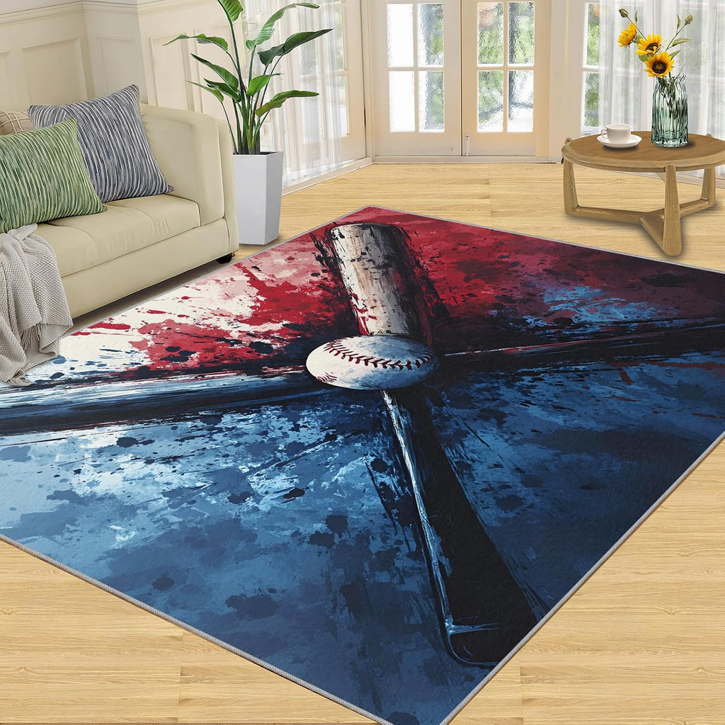 Baseball Rugs for Bedroom, Baseball Bat Graffiti Rug 6x8, Children's Sports Dining Room Rugs Washable & Non Slip Large Carpet for Home Decor