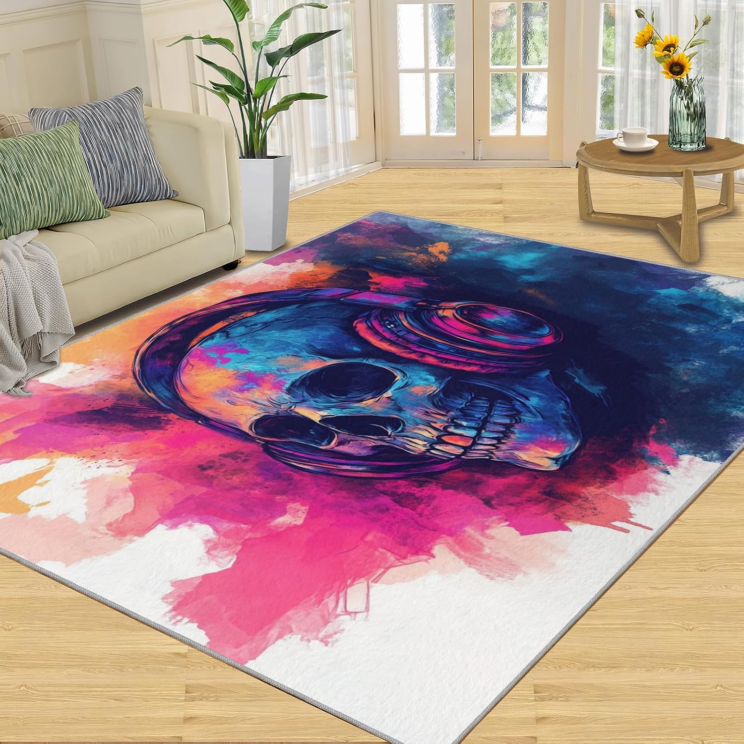 Skull Area Rug Large - 6x8 Rug, Skeleton Rugs for Living Room, Gothic Area Rugs for Bedroom, Halloween Washable Carpet, Halloween Home Decor & Gifts
