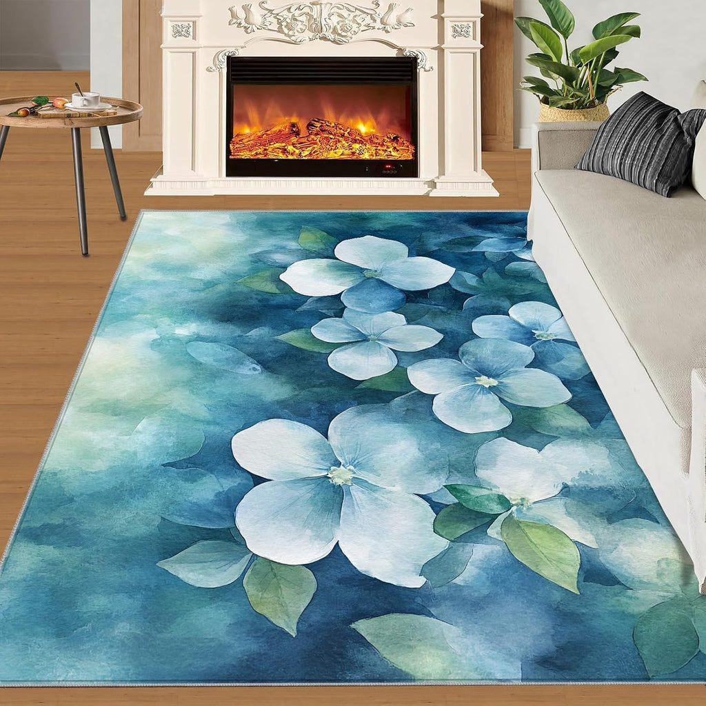 Florals Rugs for Bedroom, Watercolor Florals Rug 6x8, Fresh Flowers Dining Room Rugs Washable & Non Slip Large Carpet for Home Decor