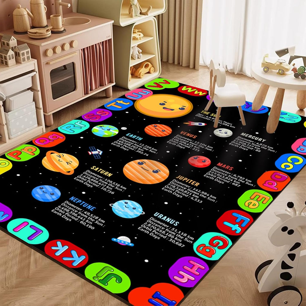 Outer Space Kids Play Area Mat, 6x8ft, Solar System Colorful Alphabet Bedroom Carpet, Learn About Planetary Universe Kindergarten Decor Rug, Absorbent Foldable Rugs for Bedside