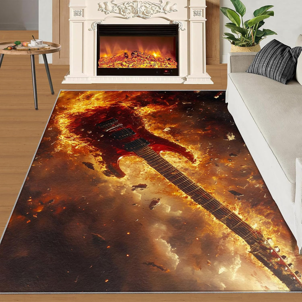 Flaming Electric Guitar Area Rug 6x8 - Exploding Guitar Large Rugs for Living Room, Rock Music Carpet Area Rug for Girls Bedroom Kids Room Basement Office Classroom