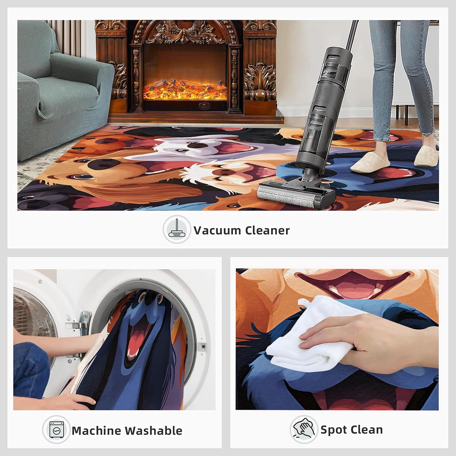 Cartoon Rugs for Bedroom, Dog Print Area Rug, Animal Prints Rugs for Living Room, 6x8 Washable Rug Non Slip & Low Pile, Indoor Carpet & Home Decor