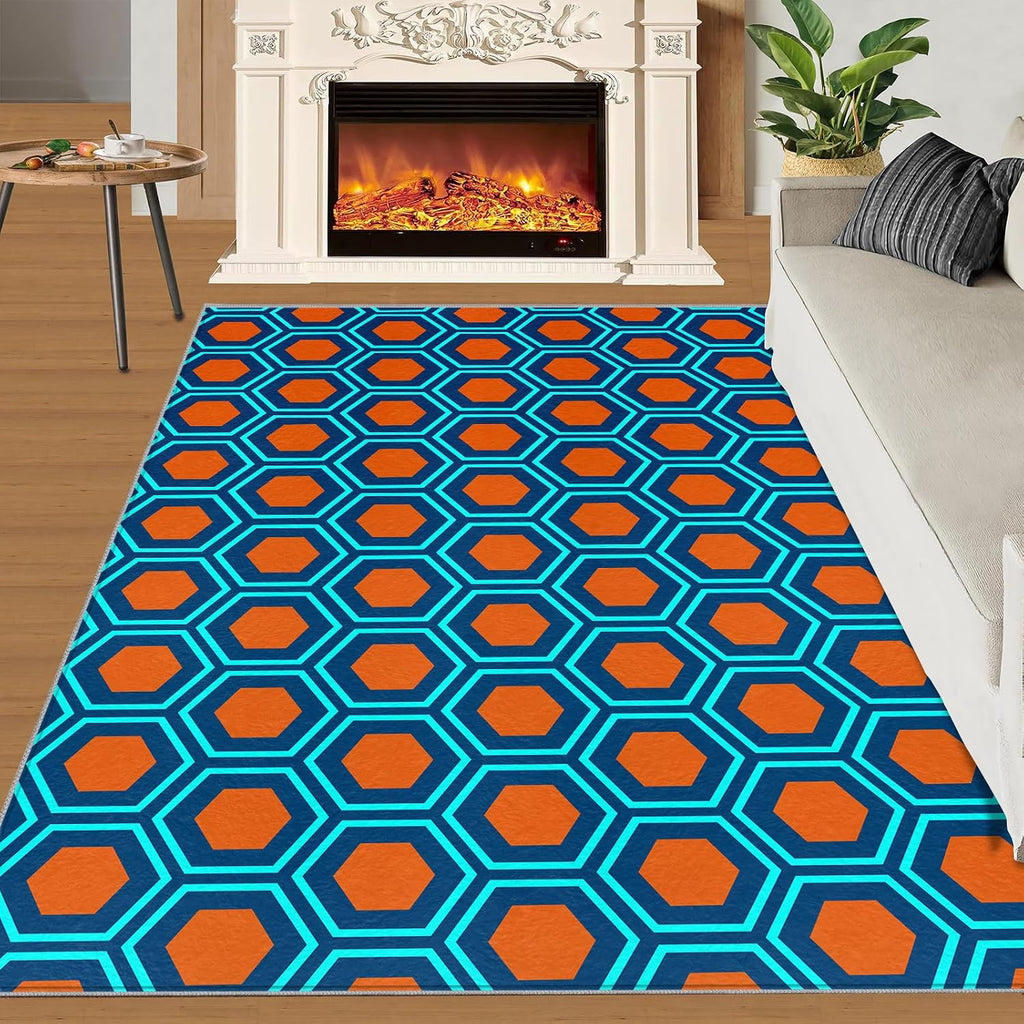 Mid-Century Geometry Art Area Rug, Orange Blue Hexagon Rugs for Living Room, Indoor Non-Slip Kids Rugs, Machine Washable Breathable Durable Carpet for Front Entrance Floor Decor,6 x 8ft