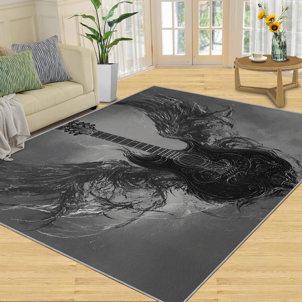 Guitar Rug & Home Decor - 7x9 Large Rug, Gothic Rugs for Living Room Bedroom, Boys Cool Washable Rugs, Musical Area Carpet, Non Slip Indoor Guitar Floor Carpet & Music Room Decor
