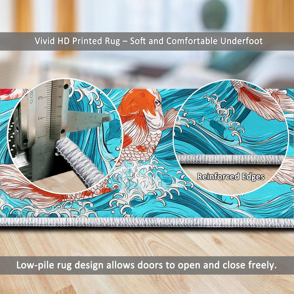 Water Waves Animals Fish Print Area Rug 5 x 7 ft for Living Room, Soft Washable Carpet for Bedroom Japanese Art Style Non-Slip Rug - Stain Resistant Carpets for Kids Playroom Classroom Dining Room
