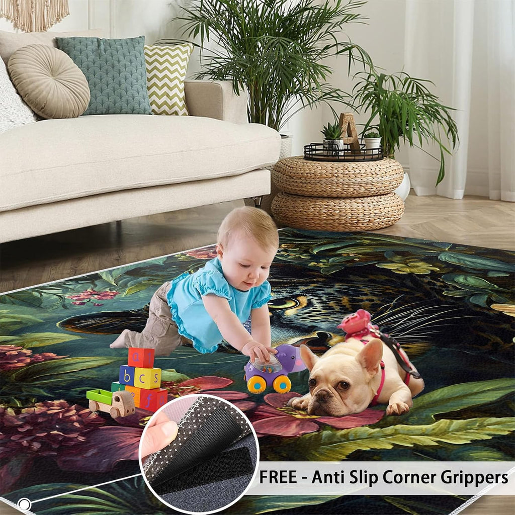 Cheetah Rug, Tropical Rainforest Rugs for Bedroom 5x7 Rug, Leopard Area Rug, Rugs for Living Room, Non Slip Washable Carpet for Kids Room Home Decor