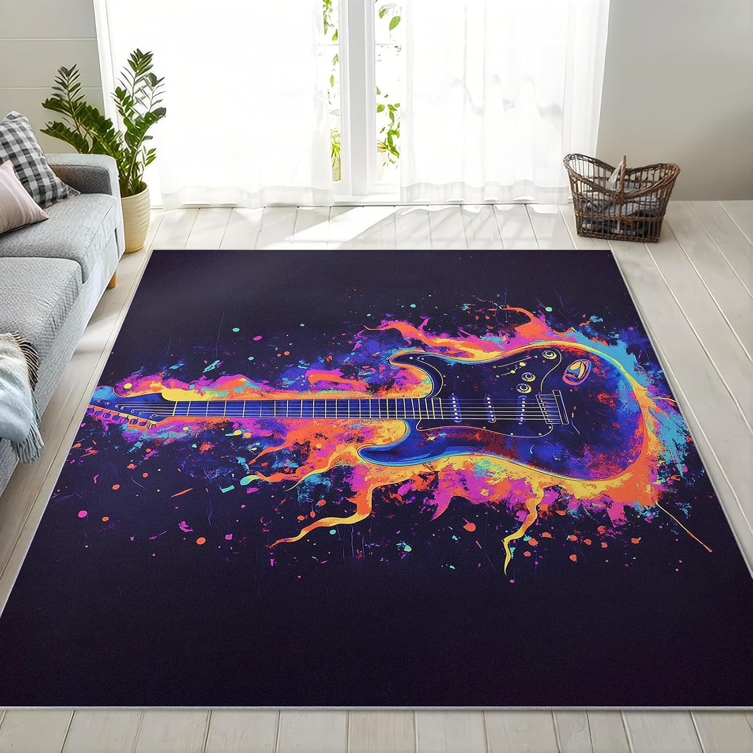 Guitar Rugs 5x7 - Guitar Gifts, Electric Guitar Music Rug 6x9, Rock and Roll Graffiti Area Rugs for Living Room Bedroom, Washable Non Slip Easy Clean, Guitar Carpet