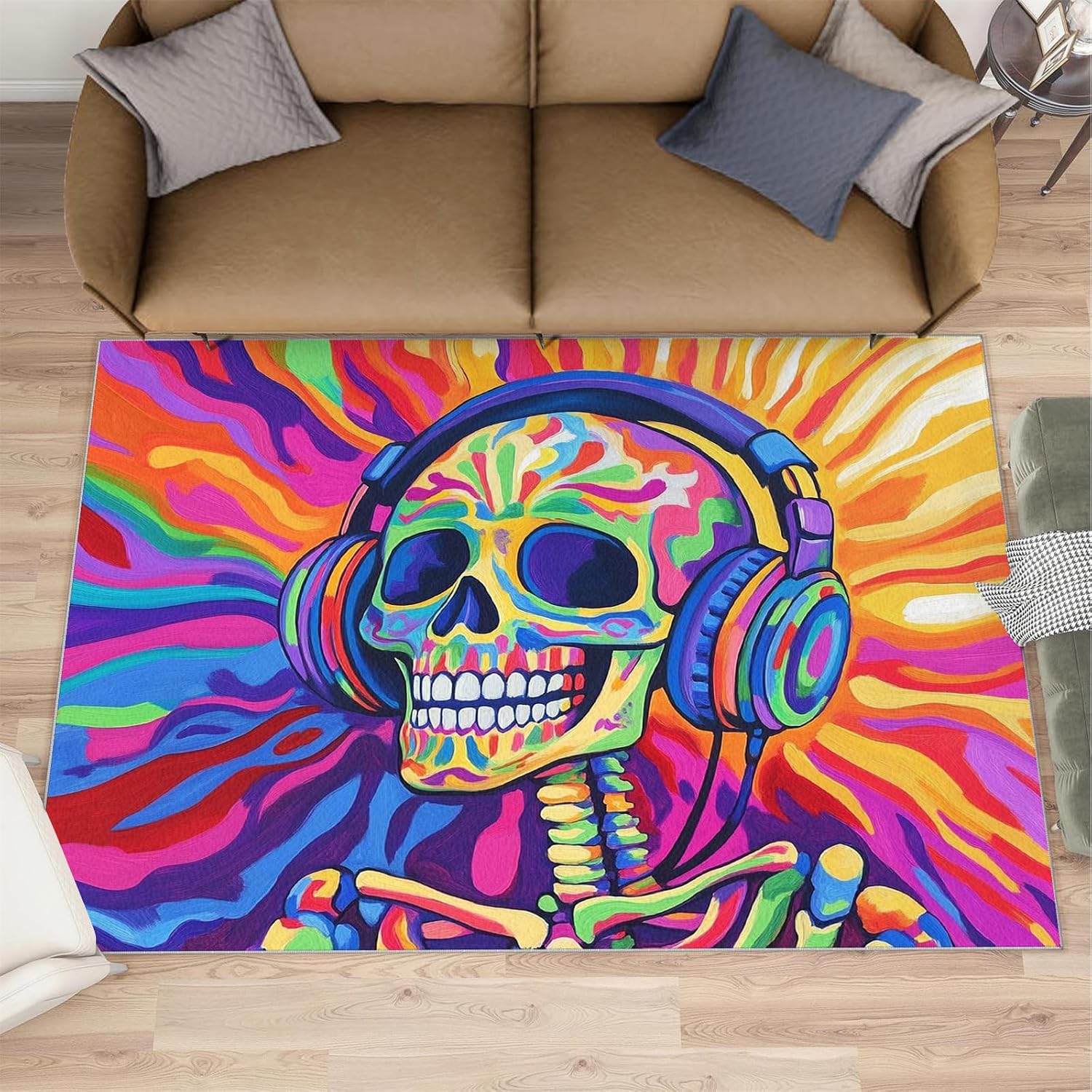 Headphone Skull Rug 6x8 - Pop Art Large Rugs for Living Room, Colorful Skeleton Carpet Area Rug for Girls Bedroom Kids Room Basement Office Classroom