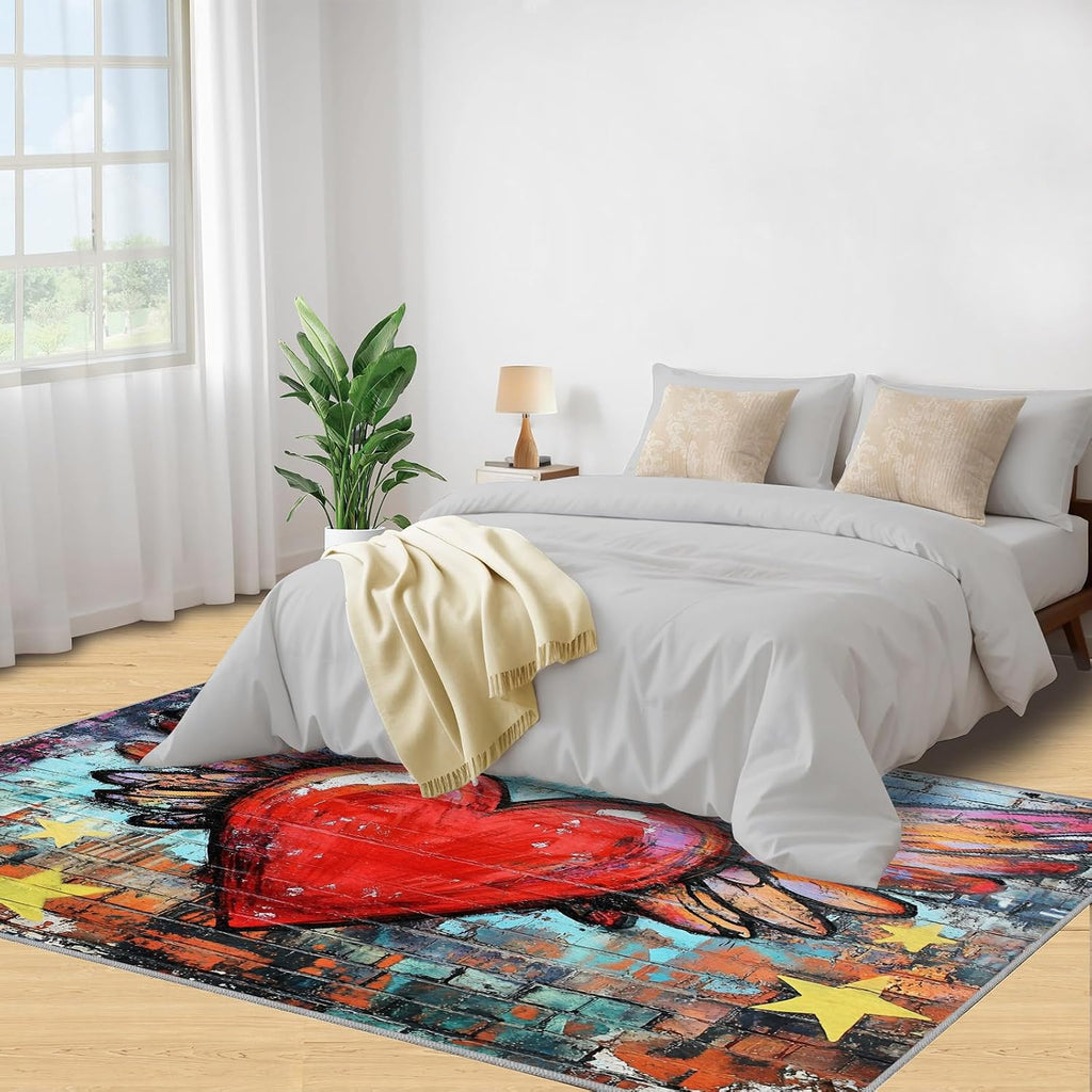 Graffiti Rug 6x8-6x8 Rug, Red Love Area Rugs for Bedroom, Wing Rugs for Living Room, Street Art Washable Carpet, Graffiti Home Decor & Gifts