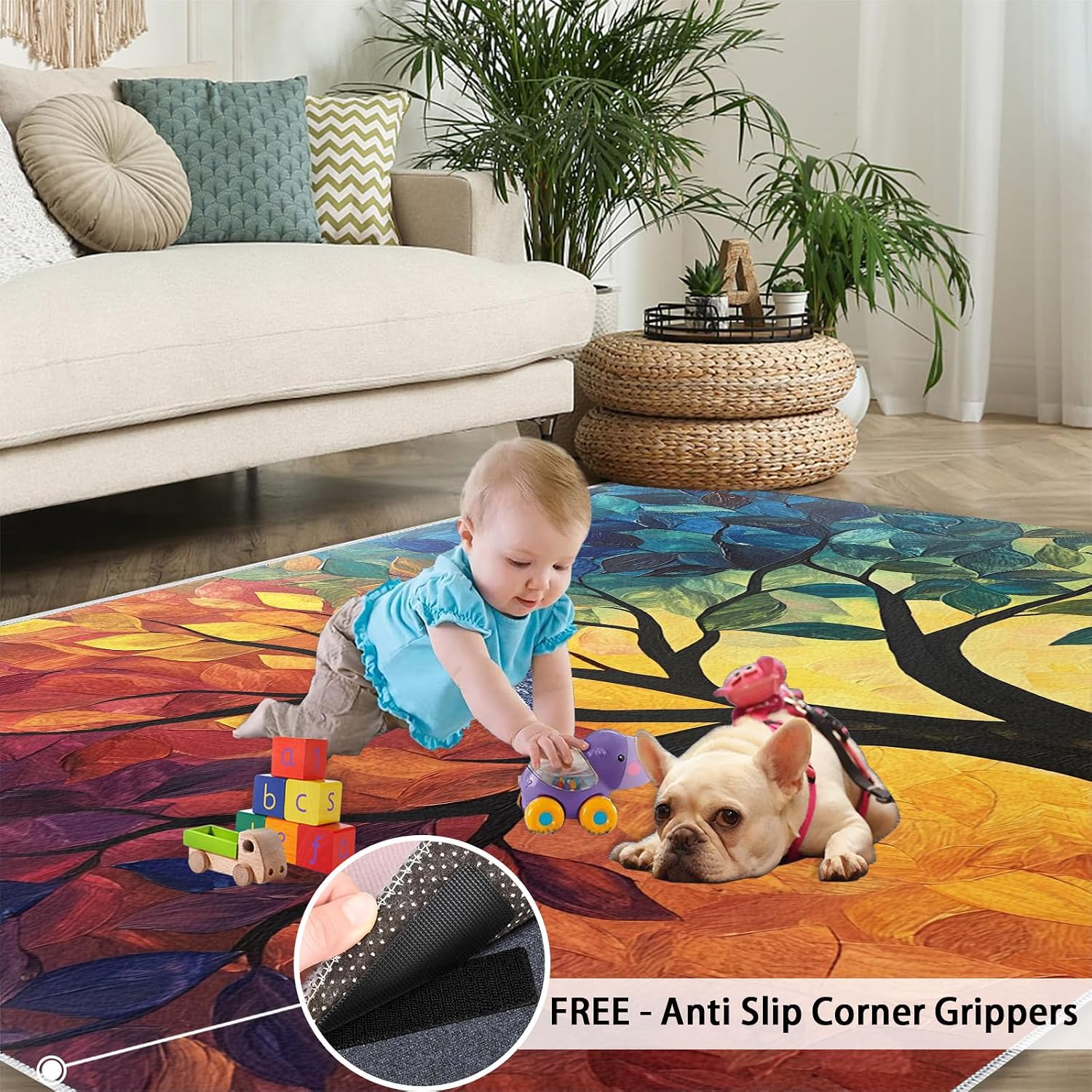 Colorful Tree Area Rug 6x8 - Tree of Life Large Rugs for Living Room, Impressionist Oil Painting Carpet Area Rug for Girls Bedroom Kids Room Basement Office Classroom