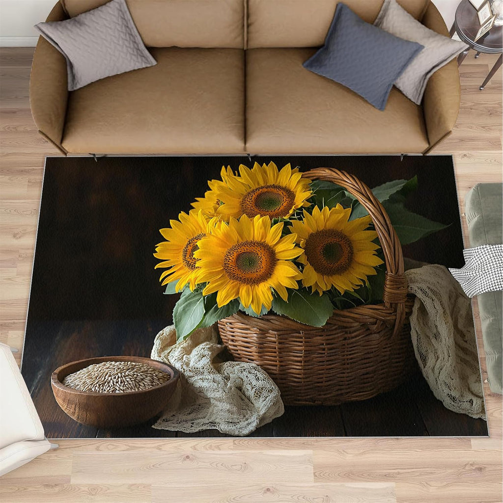 Sunflower Rug Large - 6x8 Rug, Farmhouse Washable Rugs for Living Room, Crops Carpet, Rustic Non-Slip Area Rugs for Bedroom, Floral Carpet, Sunflower Home Decor