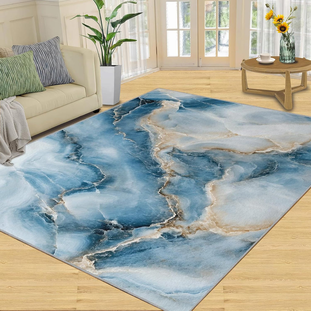 Blue Marble Area Rug Large - 6x8 Rug, Modern Rugs for Living Room, Light Luxury Area Rugs for Bedroom, Abstract Art Washable Carpet, Marble Home Decor & Gifts