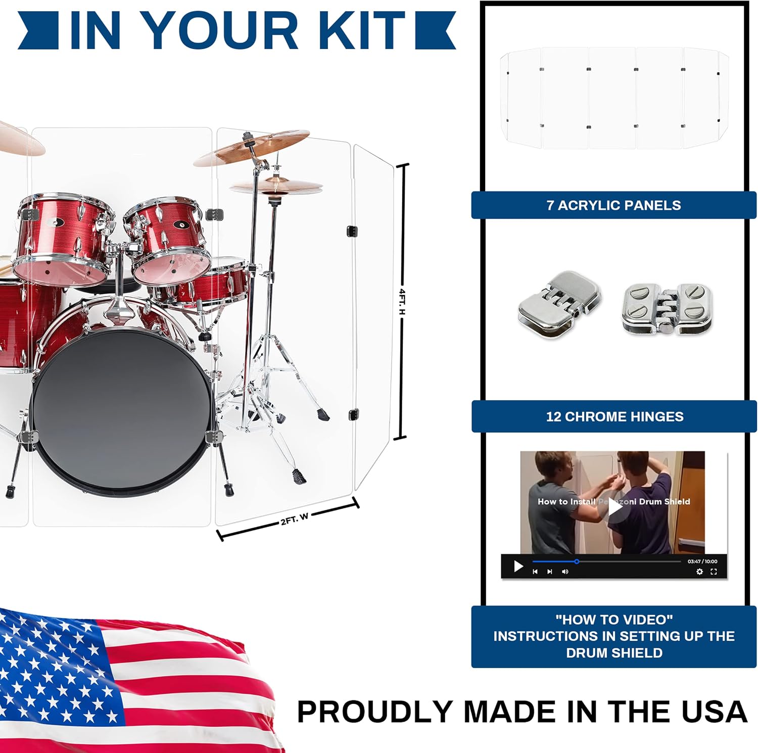 PENNZONI Drum Shield 4ft w/Chrome Hinges, Comes w/ 7 Drum Panels, & 12 Chrome Hinges, Premium Clear Acrylic Panels, Drum Screen