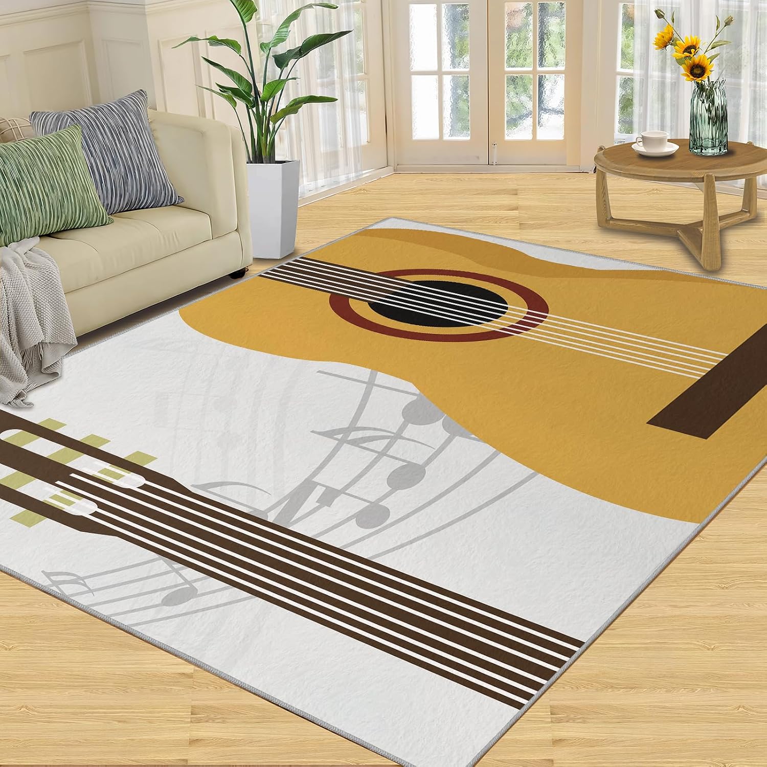 Modern Guitar Enthusiast Area Rug, Lilting Musical Notes Rugs for Living Room, Indoor Non-Slip Kids Rugs, Machine Washable Breathable Durable Carpet for Front Entrance Floor Decor,6 x 8ft