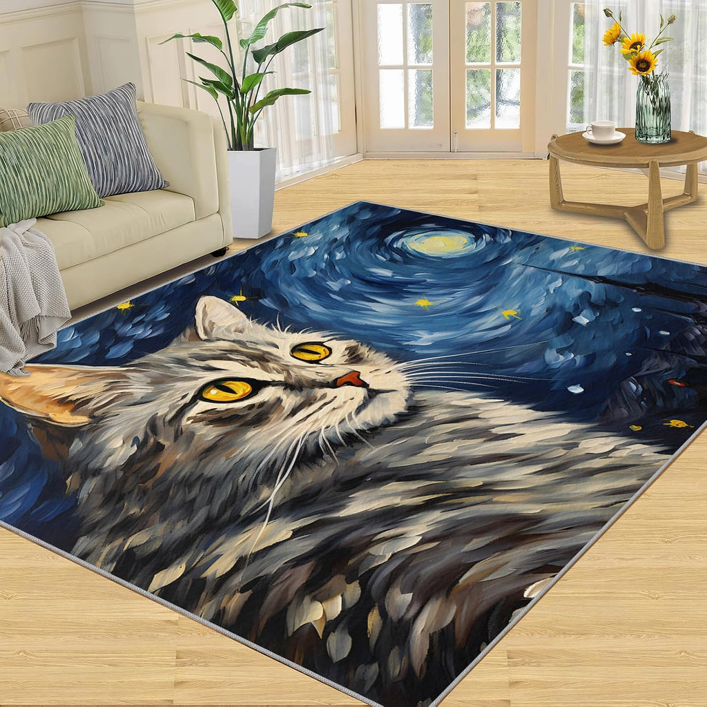 6x8 Area Rug - Starry Sky Pear Flower Cat Large Rugs for Living Room, Post-Impressionist Art Painting Carpet Area Rug for Girls Bedroom Kids Room Basement Office Classroom