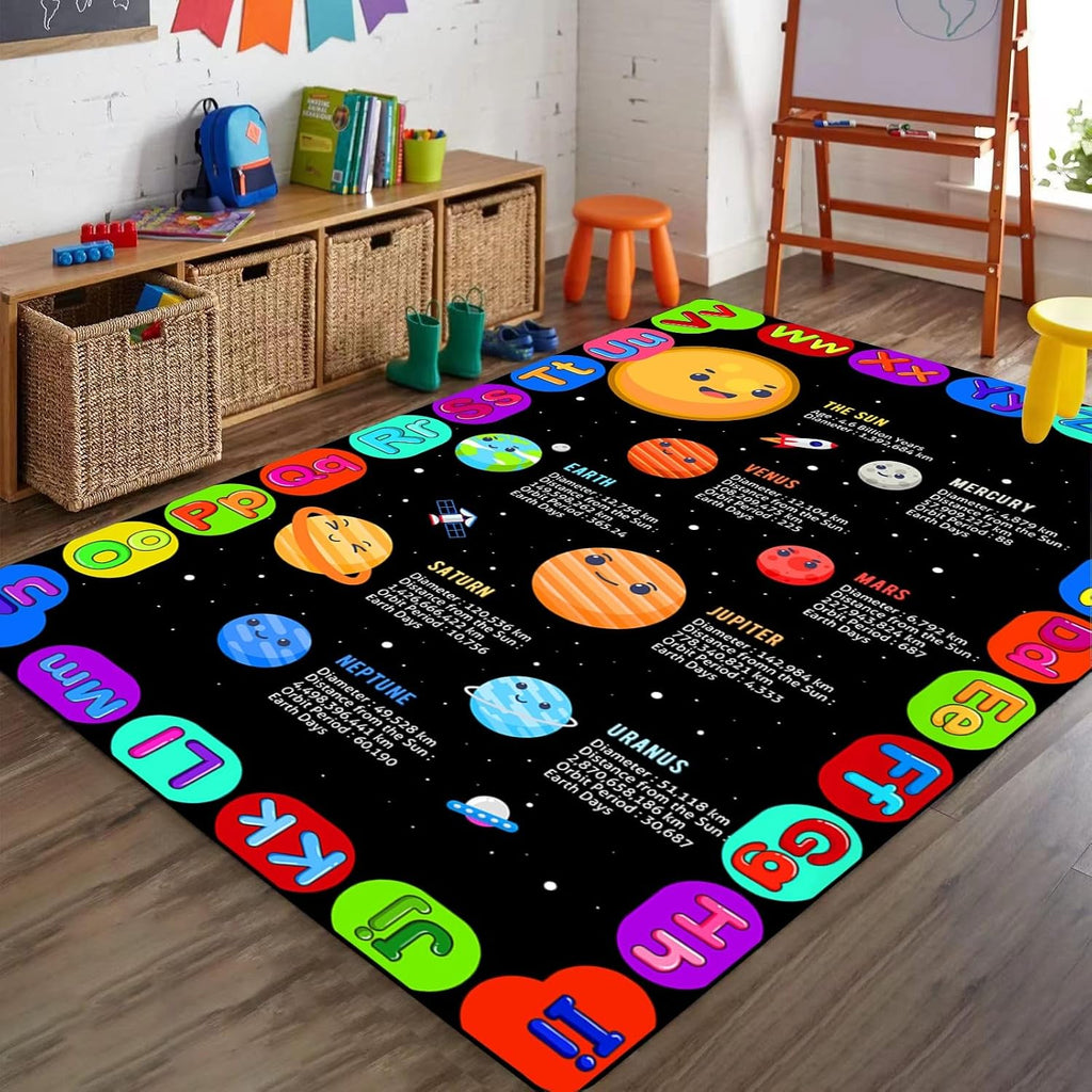Outer Space Kids Play Area Mat, 6x8ft, Solar System Colorful Alphabet Bedroom Carpet, Learn About Planetary Universe Kindergarten Decor Rug, Absorbent Foldable Rugs for Bedside